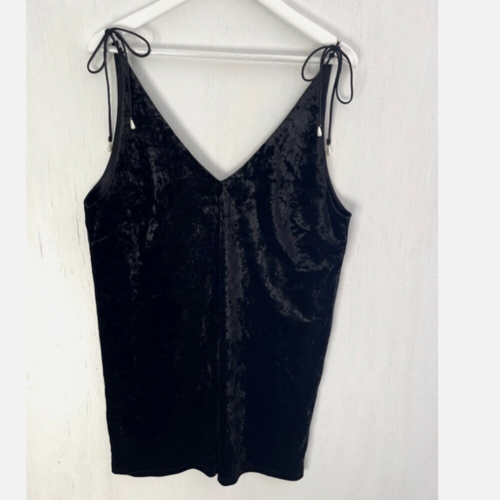 NATIVE Daughters Black V Neck Velvet Mini Dress Lace Up Back Pearl Ends Size L